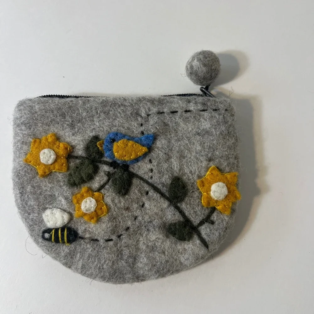 Handmade Felted Wool Bluebird Flowers Bee Applique Pouch Gray Coin Purse 4 x 6